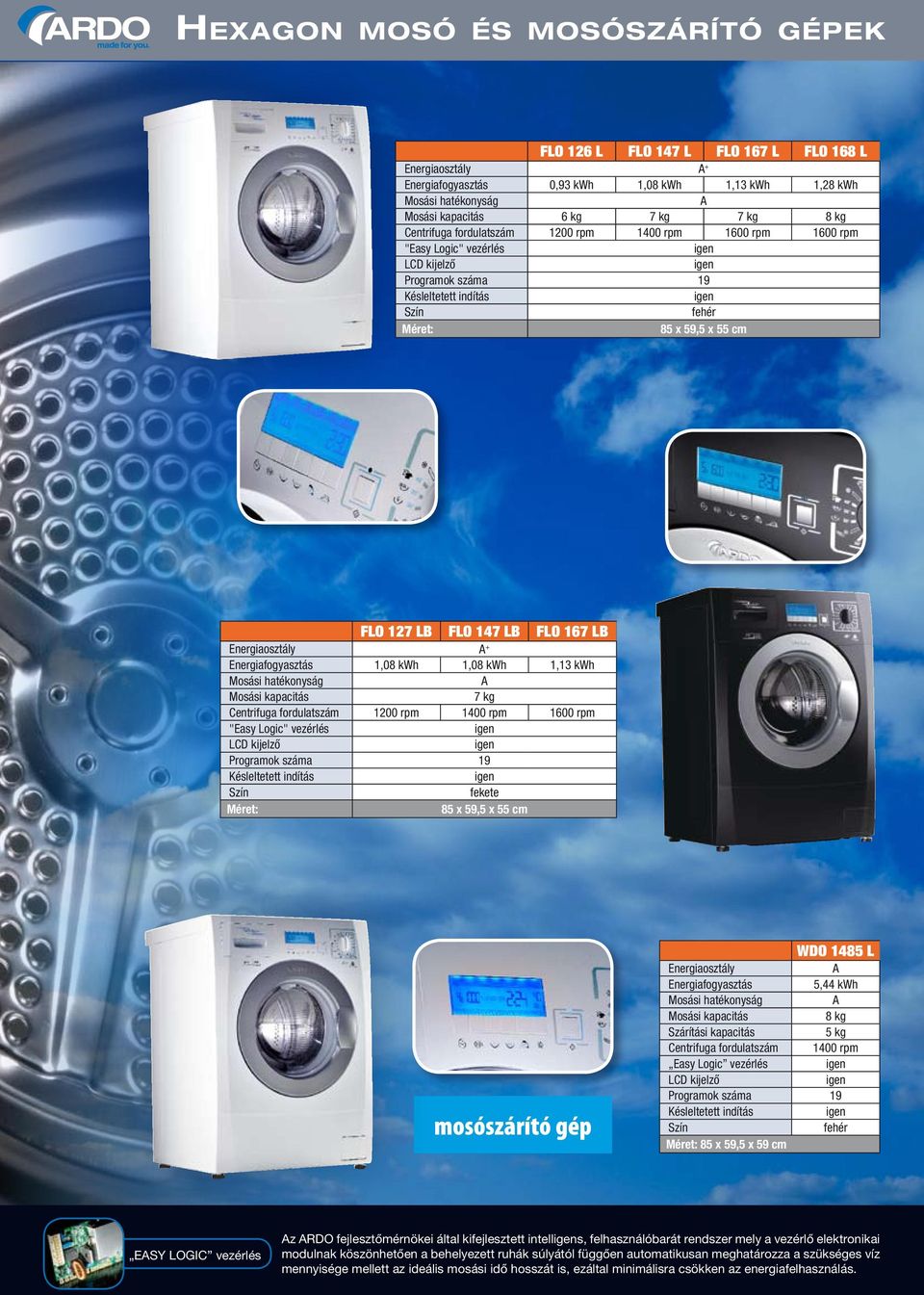 L 5,44 kwh 8 kg Szárítási kapacitás Centrifuga fordulatszám 1400 rpm Easy Logic vezérlés 85 x 59,5 x 59 cm Easy Logic vezérlés z RDO fejlesztőmérnökei által kifejlesztett intells, felhasználóbarát