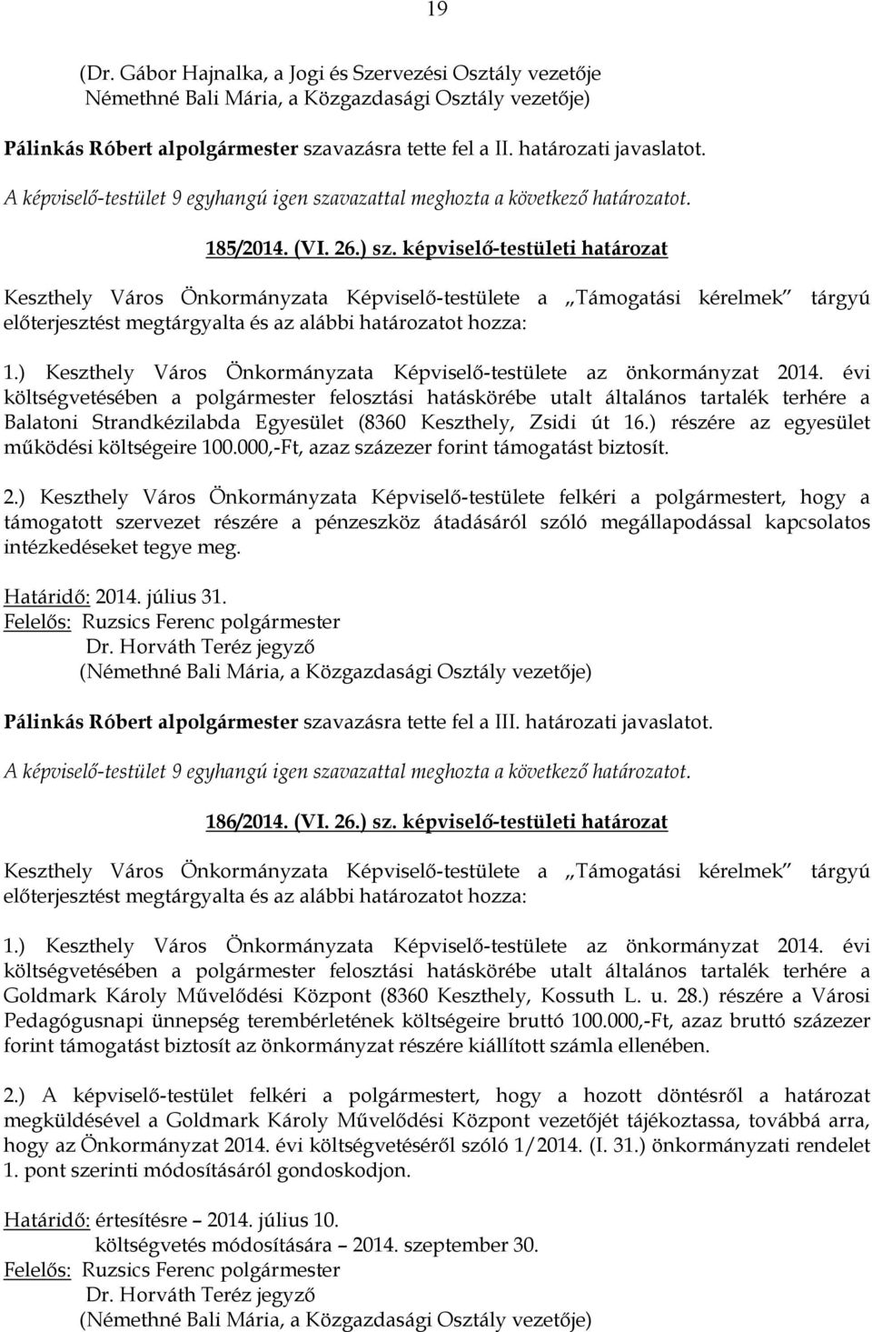 ) Keszthely Város Önkormányzata Képviselő-testülete az önkormányzat 2014.