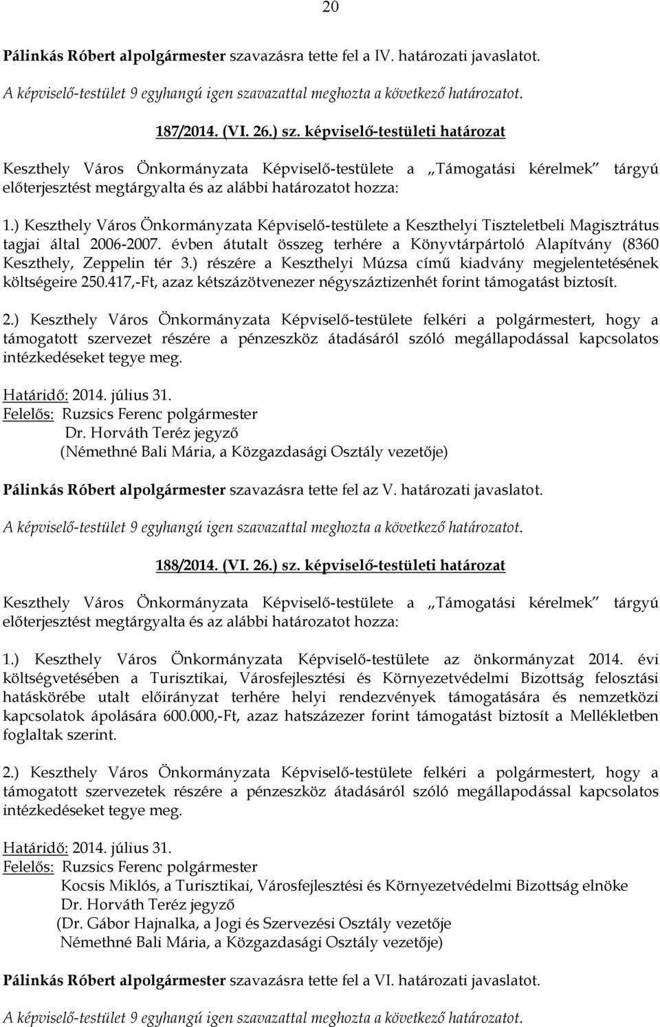 ) Keszthely Város Önkormányzata Képviselő-testülete a Keszthelyi Tiszteletbeli Magisztrátus tagjai által 2006-2007.