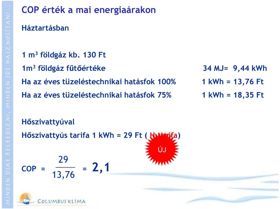 hatásfok 100% 1 kwh = 13,76 Ft Ha az éves tüzeléstechnikai hatásfok 75% 1 kwh