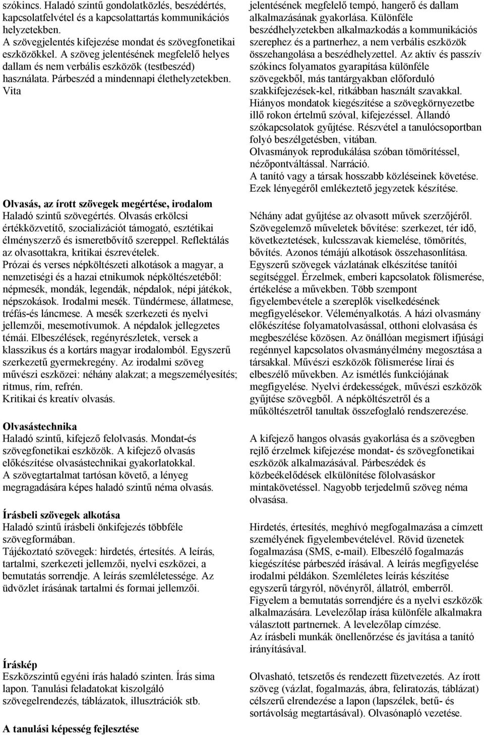 Vita Olvasás, az írott szövegek megértése, irodalom Haladó szintű szövegértés. Olvasás erkölcsi értékközvetítő, szocializációt támogató, esztétikai élményszerző és ismeretbővítő szereppel.