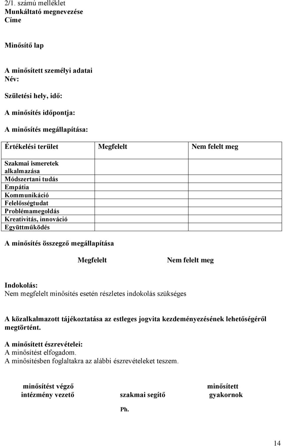 megállapítása Megfelelt Nem felelt meg Indokolás: Nem megfelelt minősítés esetén részletes indokolás szükséges A közalkalmazott tájékoztatása az estleges jogvita kezdeményezésének