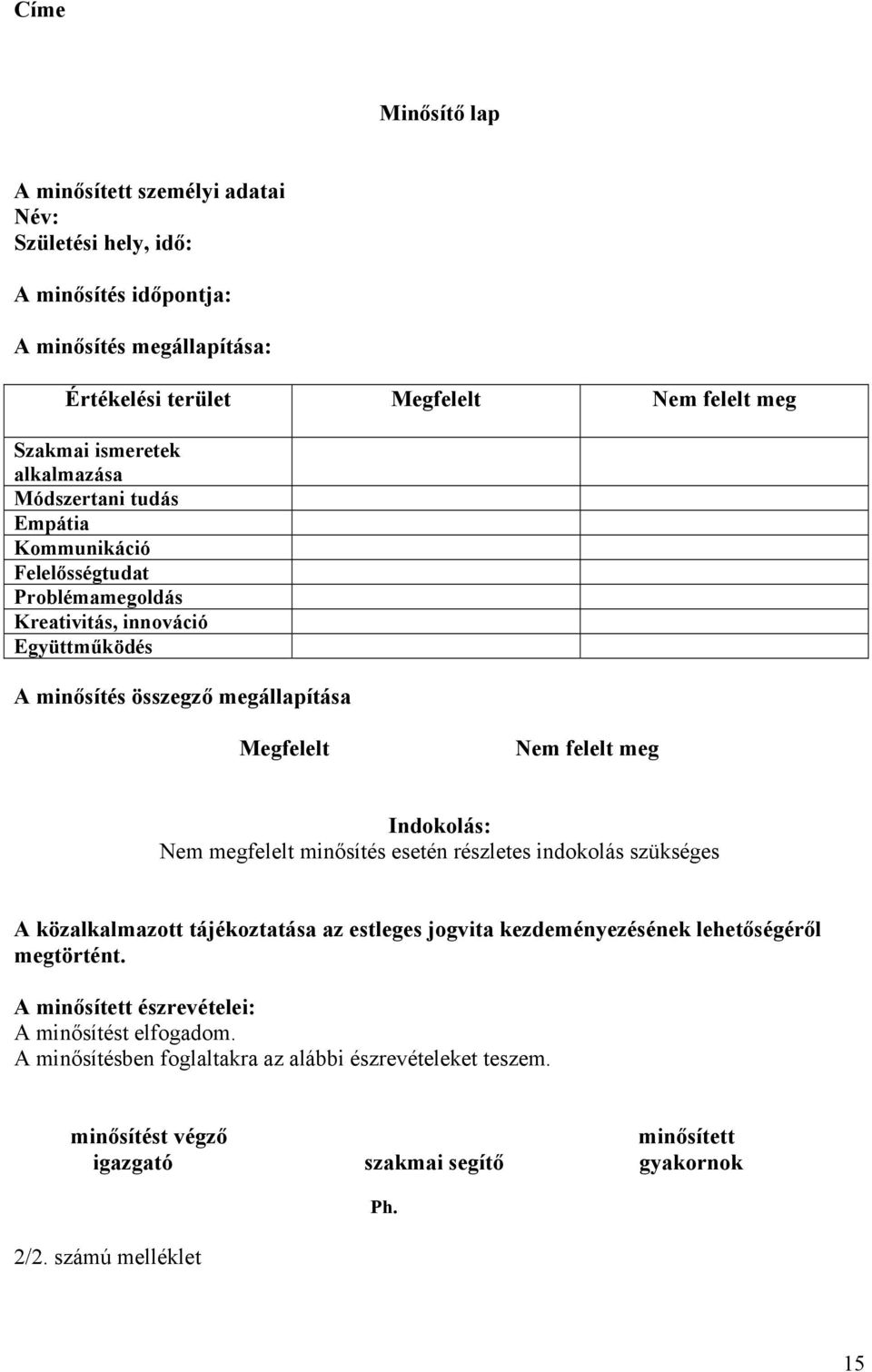 felelt meg Indokolás: Nem megfelelt minősítés esetén részletes indokolás szükséges A közalkalmazott tájékoztatása az estleges jogvita kezdeményezésének lehetőségéről megtörtént.