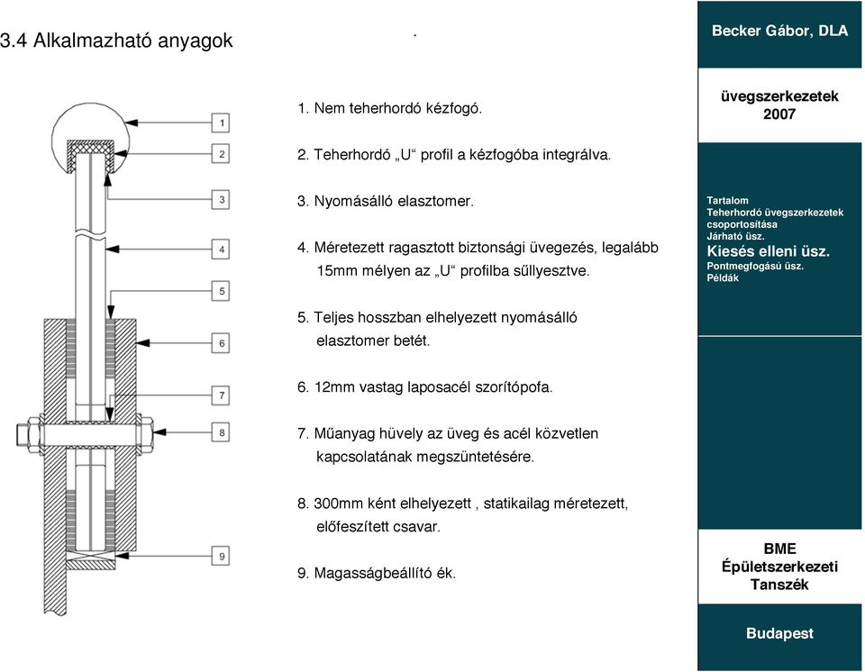 Teljes hosszban elhelyezett nyomásálló elasztomer betét. 6. 12mm vastag laposacél szorítópofa. 7.