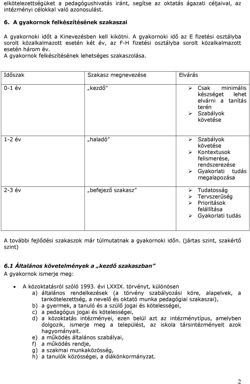 A gyakornoki idő az E fizetési osztályba sorolt közalkalmazott esetén két év, az F-H fizetési osztályba sorolt közalkalmazott esetén három év. A gyakornok felkészítésének lehetséges szakaszolása.