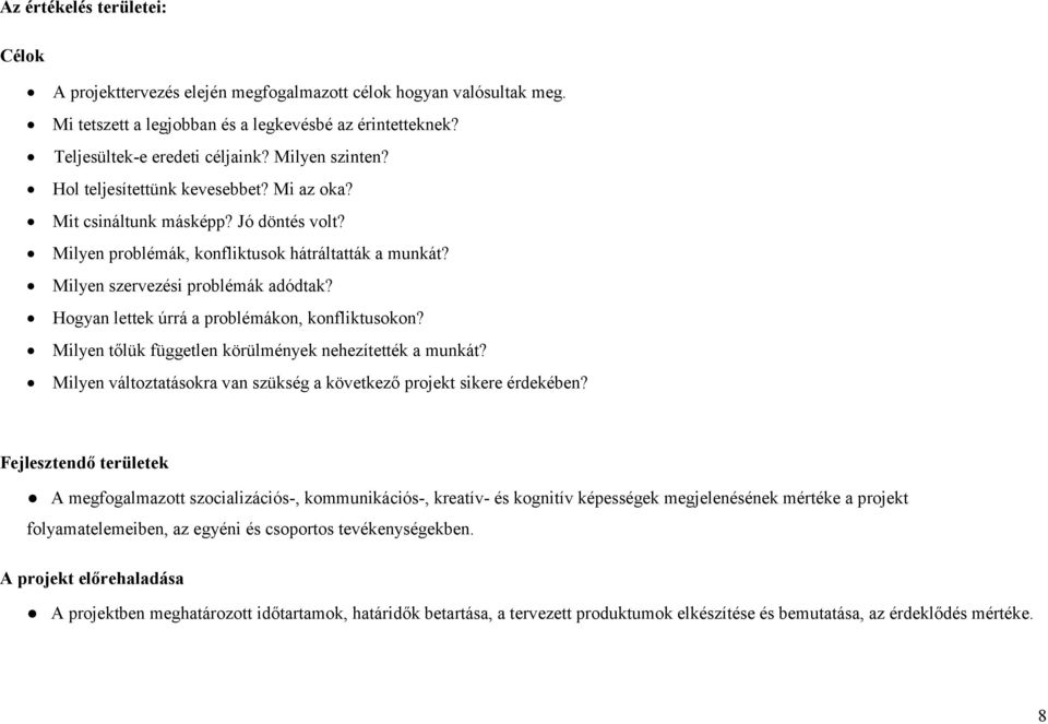 Hogyan lettek úrrá a problémákon, konfliktusokon? Milyen tőlük független körülmények nehezítették a munkát? Milyen változtatásokra van szükség a következő projekt sikere érdekében?