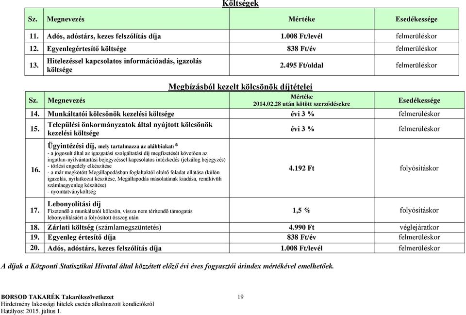 28 után kötött szerződésekre Esedékessége 14. Munkáltatói kölcsönök kezelési költsége évi 3 % felmerüléskor 15.