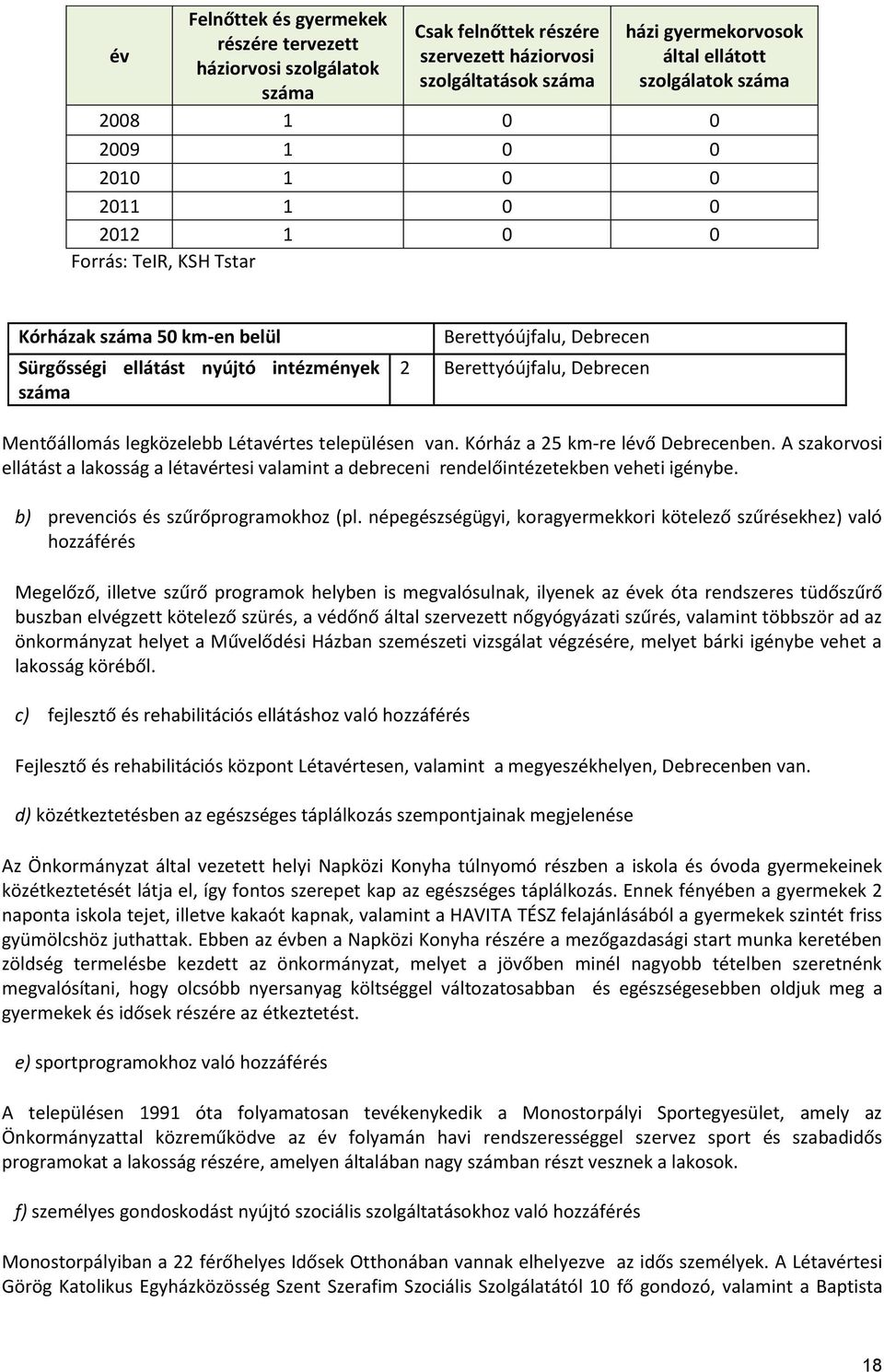 Mentőállomás legközelebb Létavértes településen van. Kórház a 25 km-re lévő Debrecenben. A szakorvosi ellátást a lakosság a létavértesi valamint a debreceni rendelőintézetekben veheti igénybe.