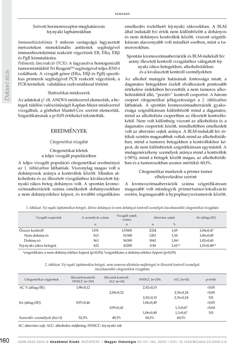 A vizsgált génre (ERα, ERβ és PgR) specifikus primerek segítségével PCR reakciót végeztünk; a PCR-termékek validálása szekvenálással történt. Statisztikai módszerek Az adatokat χ 2 - ill.