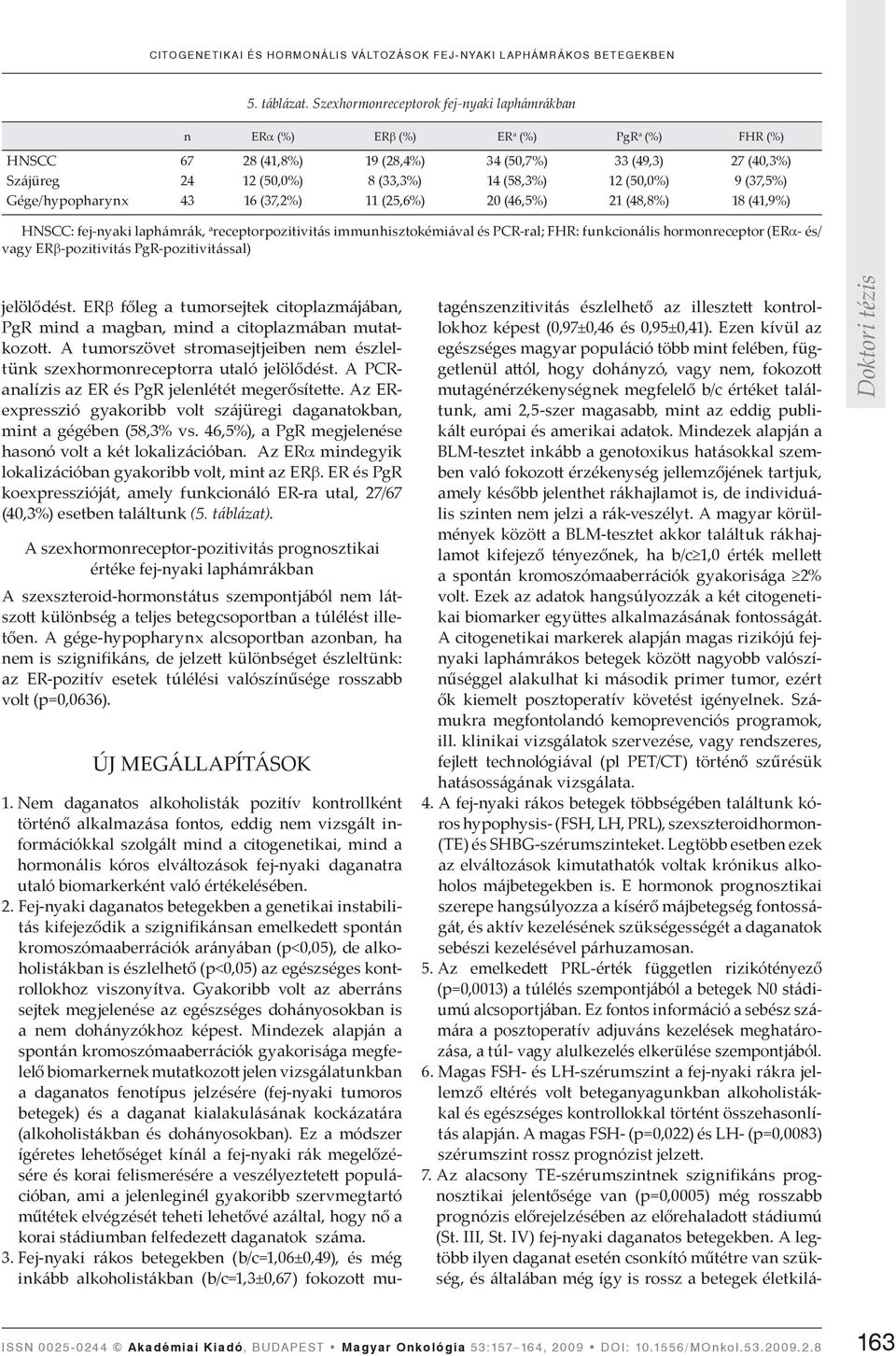 (50,0%) 9 (37,5%) Gége/hypopharynx 43 16 (37,2%) 11 (25,6%) 20 (46,5%) 21 (48,8%) 18 (41,9%) HNSCC: fej-nyaki laphámrák, a receptorpozitivitás immunhisztokémiával és PCR-ral; FHR: funkcionális