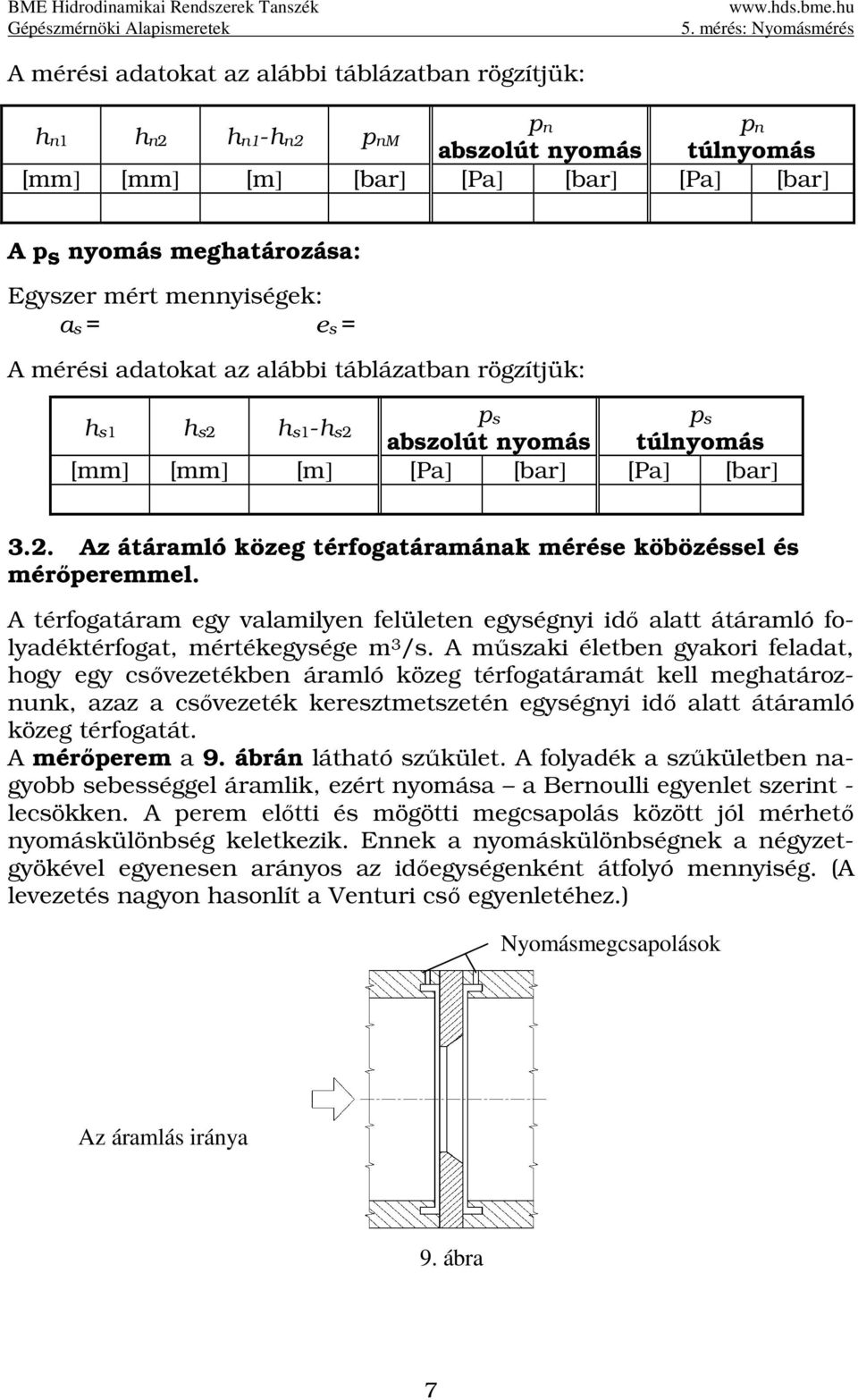 A térfogatáram egy valamilyen felületen egységnyi idő alatt átáramló folyadéktérfogat, mértékegysége m 3 /s.