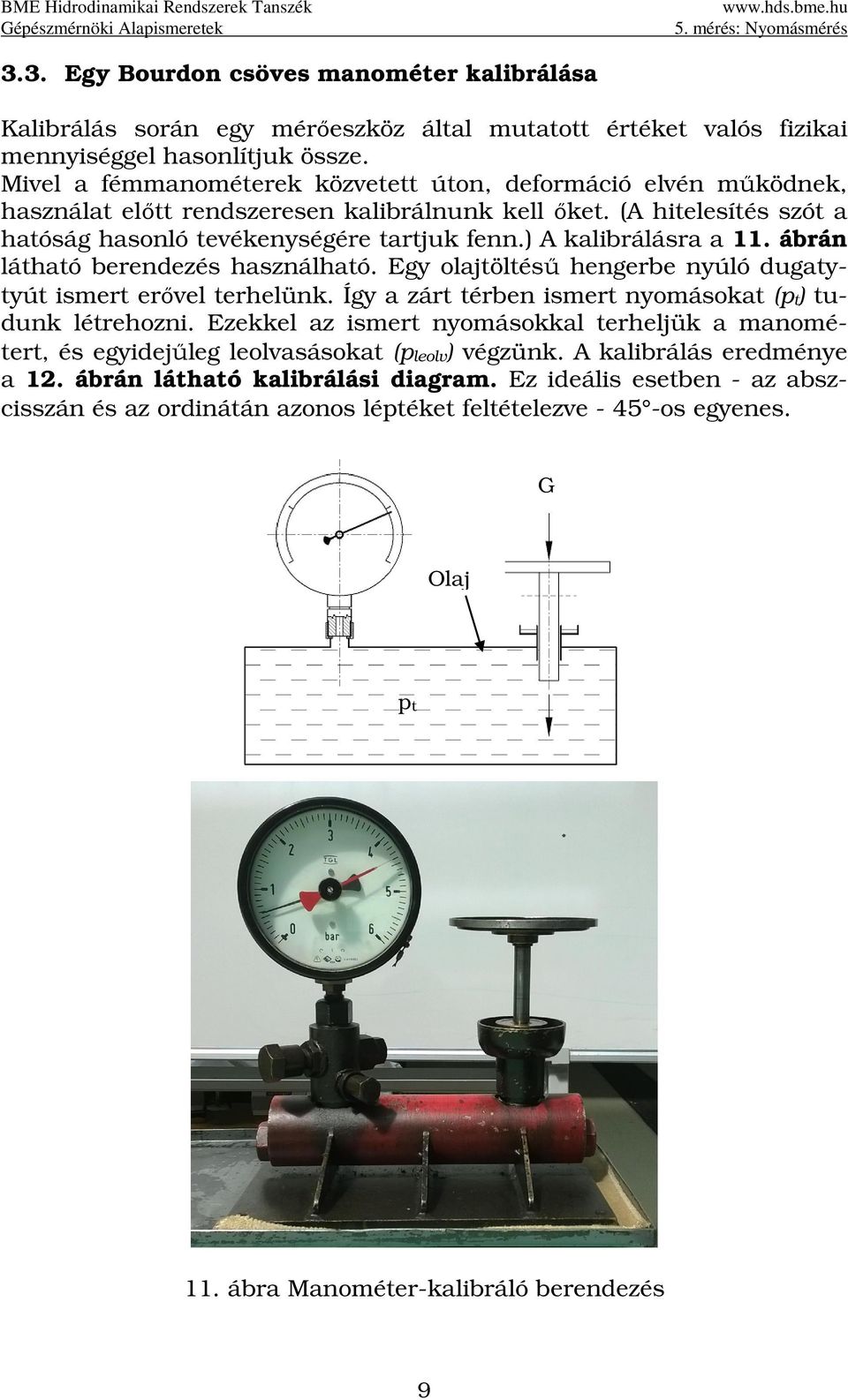 ) A kalibrálásra a 11. ábrán látható berendezés használható. Egy olajtöltésű hengerbe nyúló dugatytyút ismert erővel terhelünk. Így a zárt térben ismert nyomásokat (pt) tudunk létrehozni.