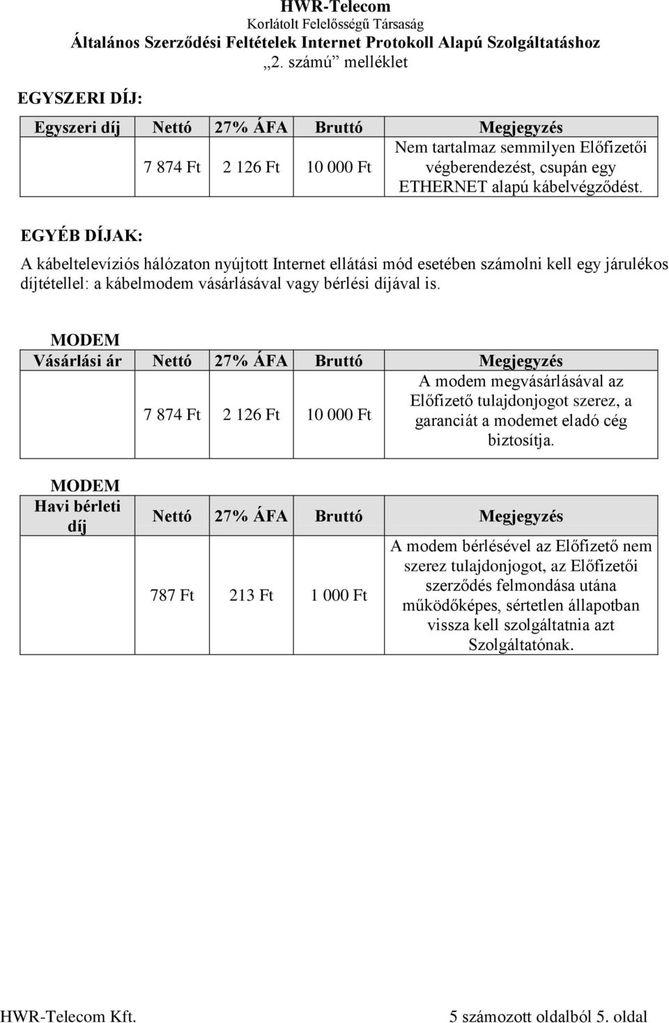 MODEM Vásárlási ár Megjegyzés 7 874 Ft 2 126 Ft 10 000 Ft A modem megvásárlásával az Előfizető tulajdonjogot szerez, a garanciát a modemet eladó cég biztosítja.