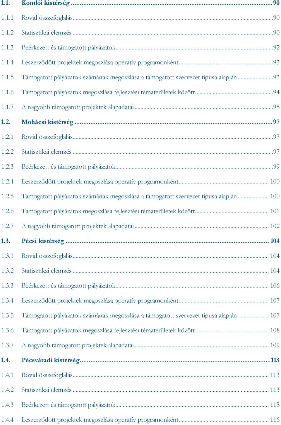 ..95 1.2. Mohácsi kistérség... 97 1.2.1 Rövid összefoglalás...97 1.2.2 Statisztikai elemzés...97 1.2.3 Beérkezett és támogatott pályázatok...99 1.2.4 Leszerződött projektek megoszlása operatív programonként.