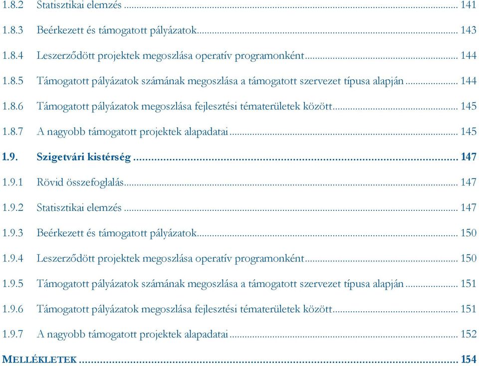 .. 147 1.9.2 Statisztikai elemzés... 147 1.9.3 Beérkezett és támogatott pályázatok... 150 1.9.4 Leszerződött projektek megoszlása operatív programonként... 150 1.9.5 Támogatott pályázatok számának megoszlása a támogatott szervezet típusa alapján.