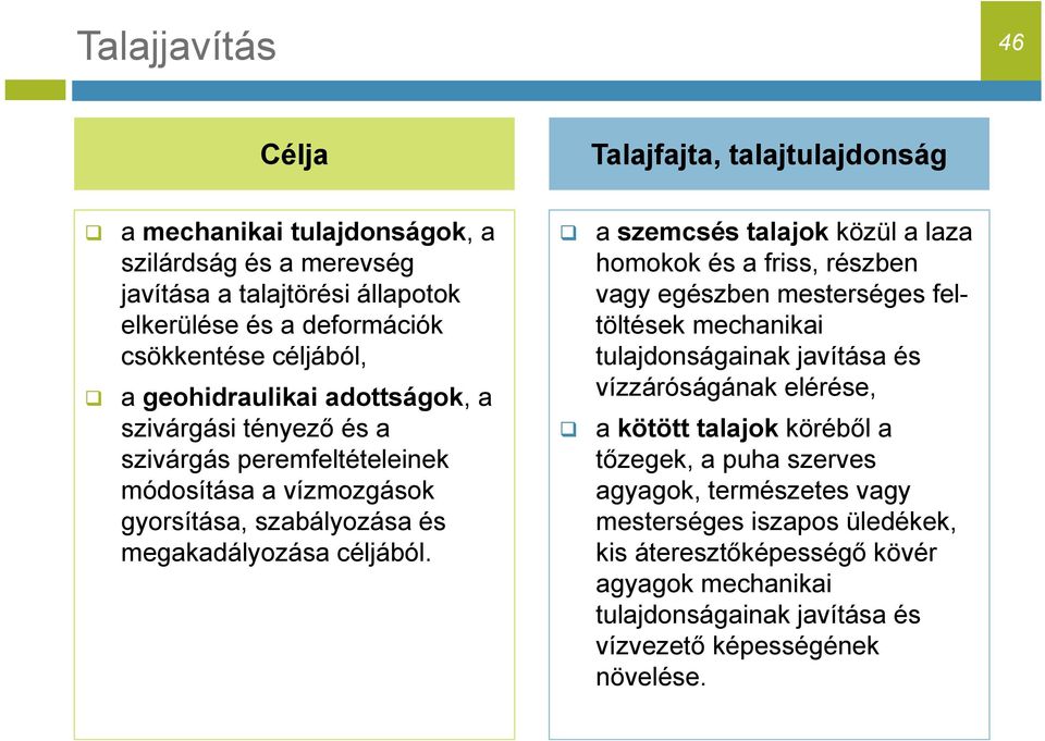 a szemcsés talajok közül a laza homokok és a friss, részben vagy egészben mesterséges feltöltések mechanikai tulajdonságainak javítása és vízzáróságának elérése, a kötött talajok