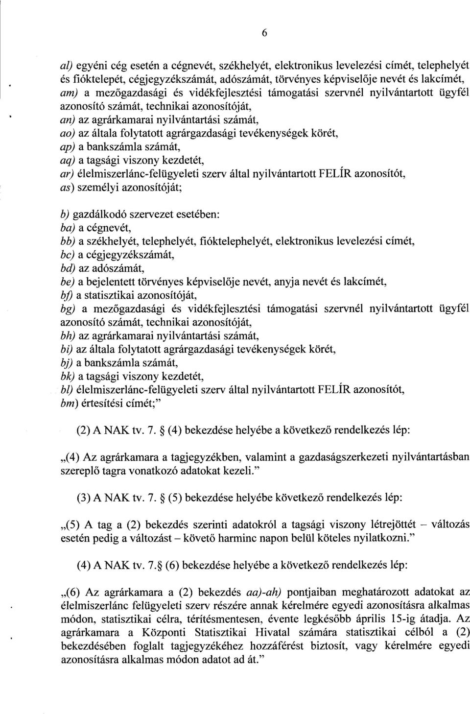 tevékenységek körét, ap) a bankszámla számát, aq) a tagsági viszony kezdetét, ar) élelmiszerlánc-felügyeleti szerv által nyilvántartott FELÍR azonosítót, as) személyi azonosítóját ; b) gazdálkodó