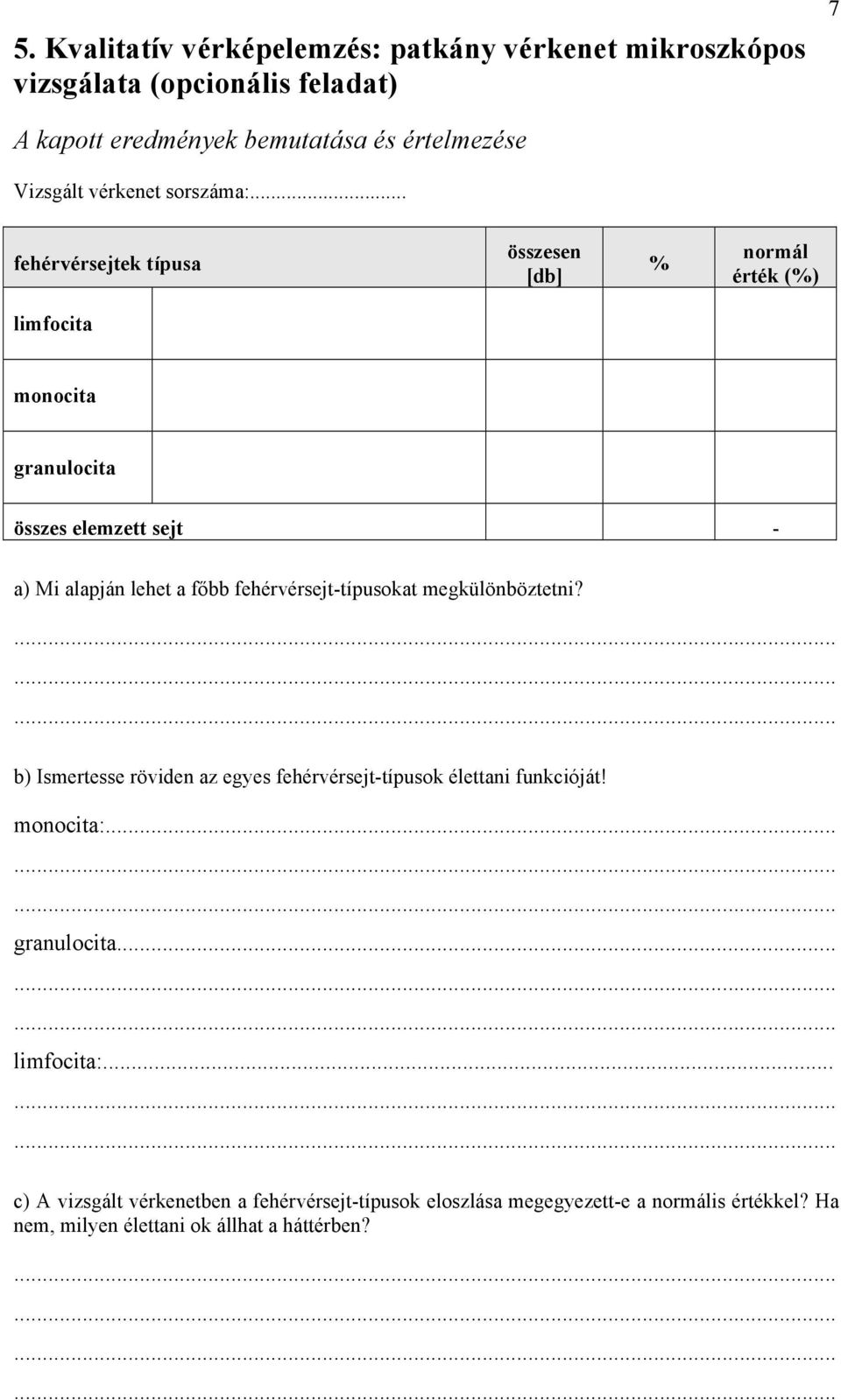 fehérvérsejt-típusokat megkülönböztetni? b) Ismertesse röviden az egyes fehérvérsejt-típusok élettani funkcióját! monocita:... granulocita.