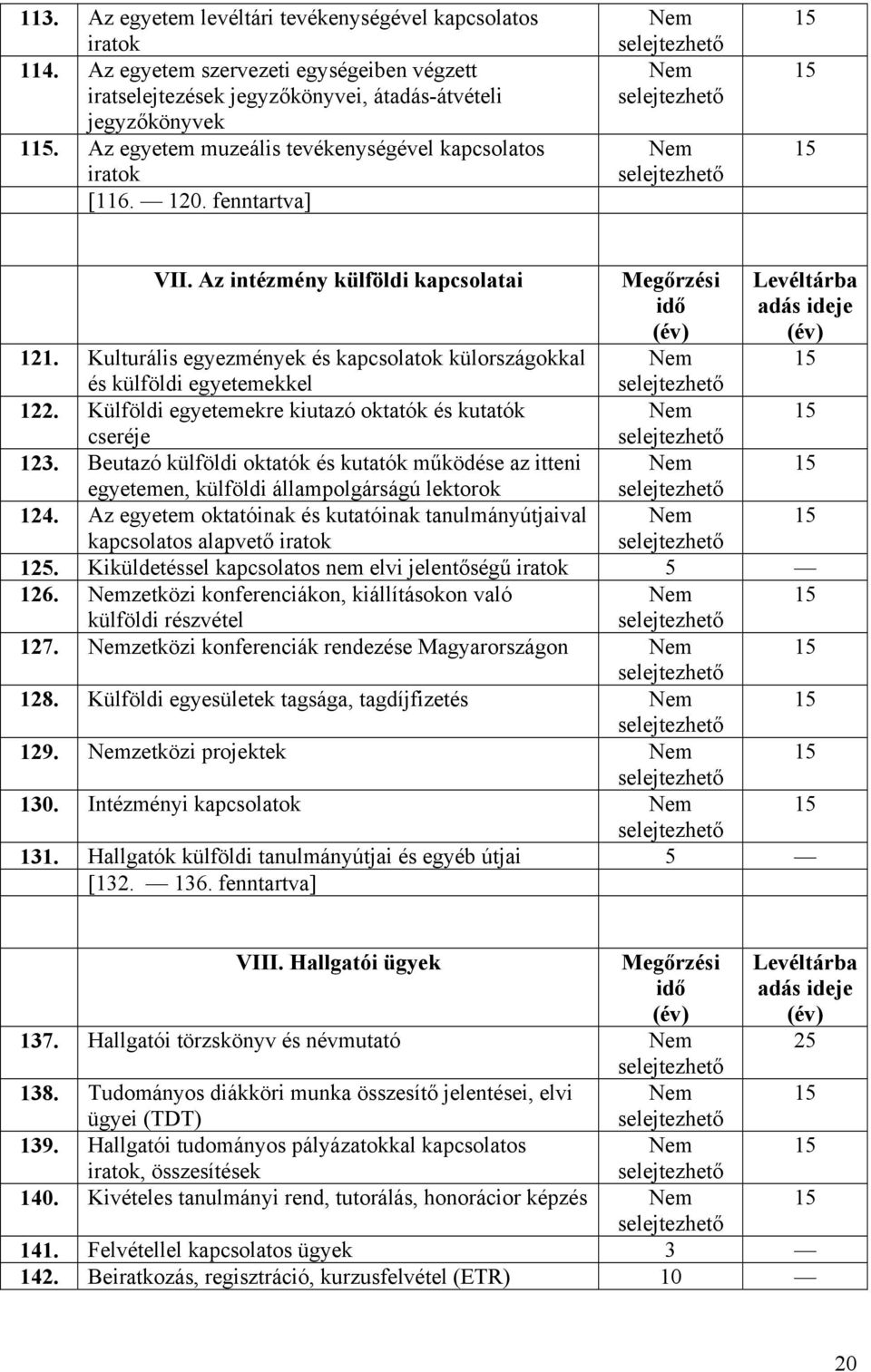 Kulturális egyezmények és kapcsolatok külországokkal és külföldi egyetemekkel 122. Külföldi egyetemekre kiutazó oktatók és kutatók cseréje 123.