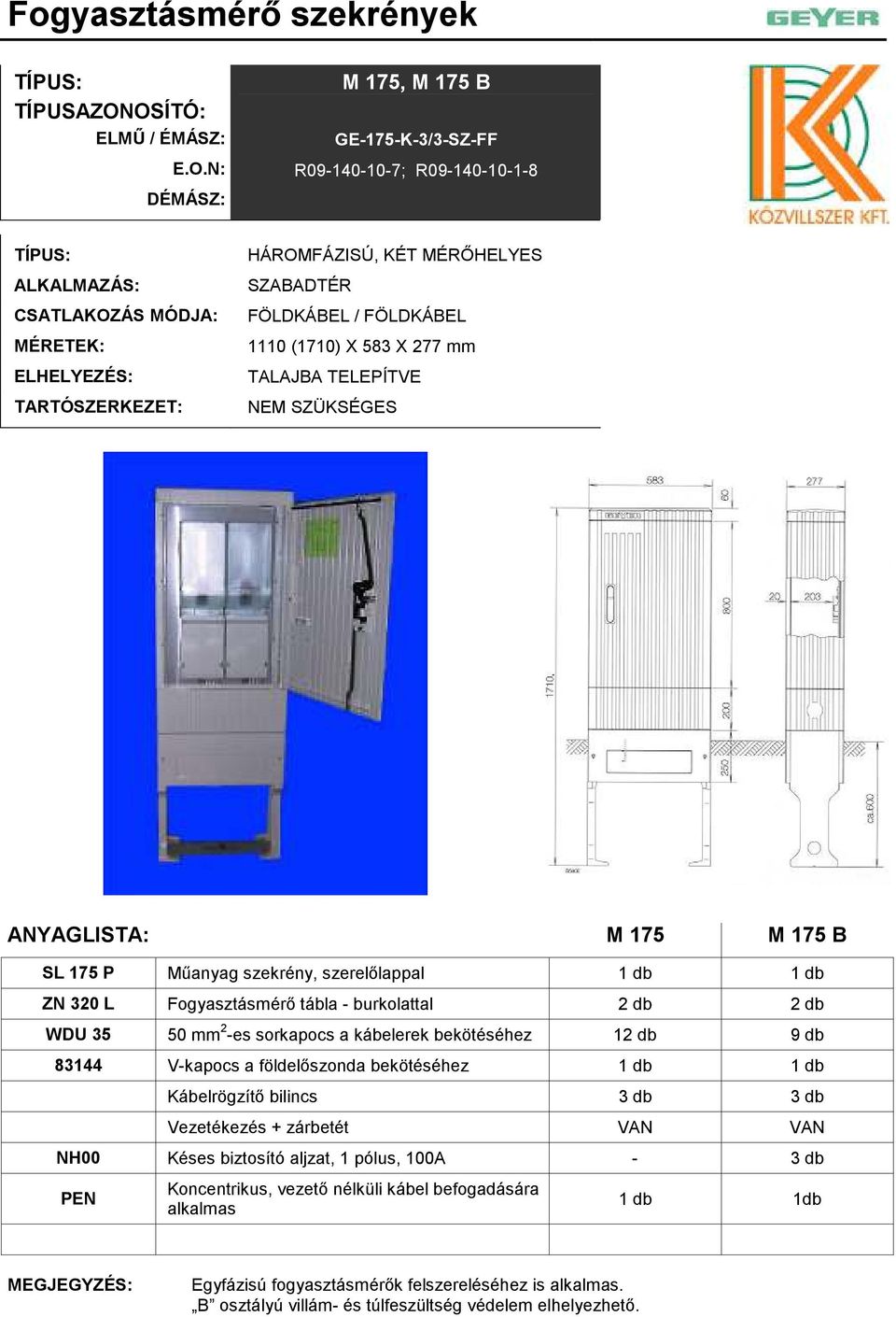 V-kapocs a földelıszonda bekötéséhez 1 db 1 db Kábelrögzítı bilincs 3 db 3 db Vezetékezés + zárbetét NH00 Késes biztosító aljzat, 1 pólus, 100A - 3 db PEN