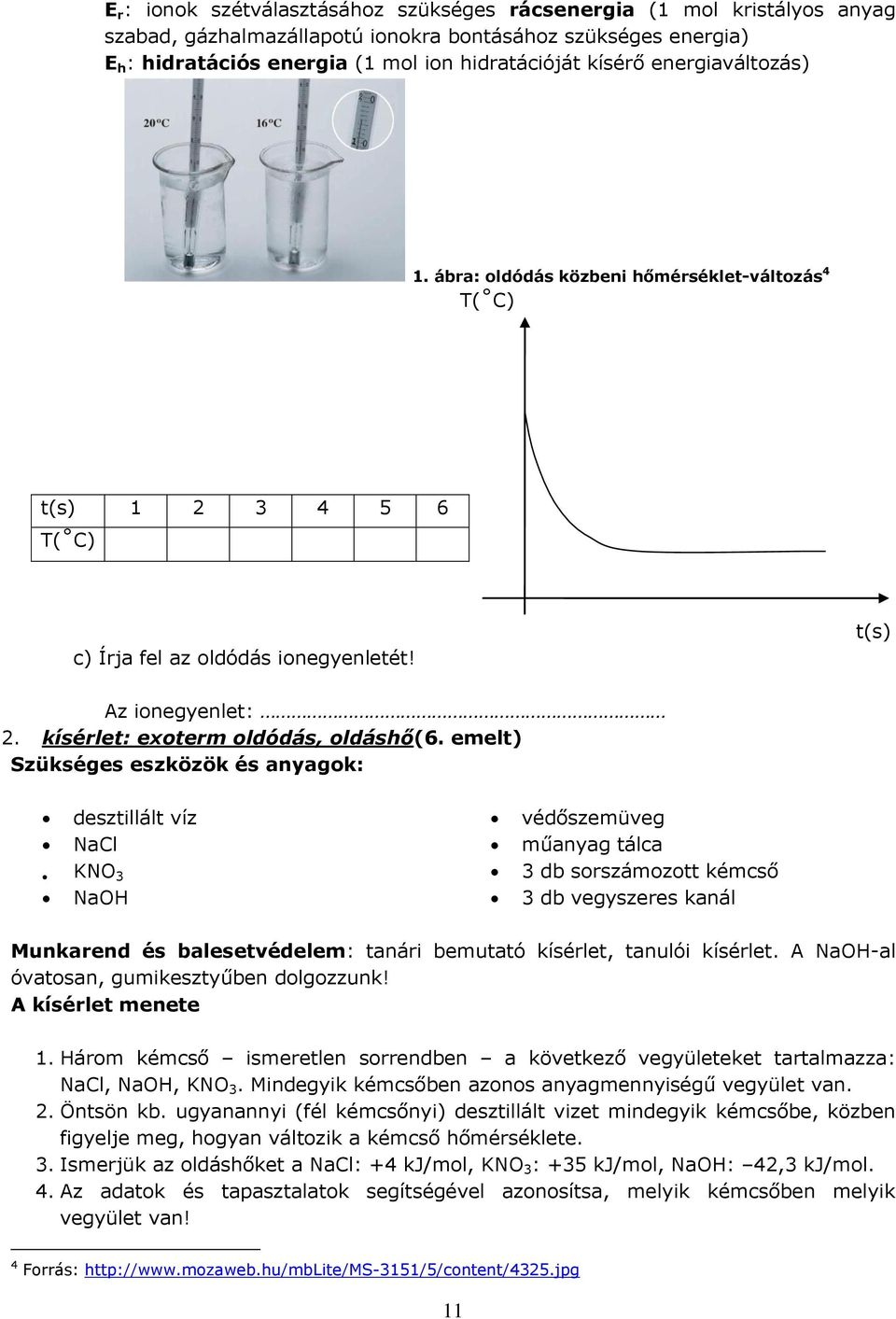 emelt) Szükséges eszközök és anyagok: desztillált víz NaCl KNO 3 NaOH védőszemüveg műanyag tálca 3 db sorszámozott kémcső 3 db vegyszeres kanál Munkarend és balesetvédelem: tanári bemutató kísérlet,