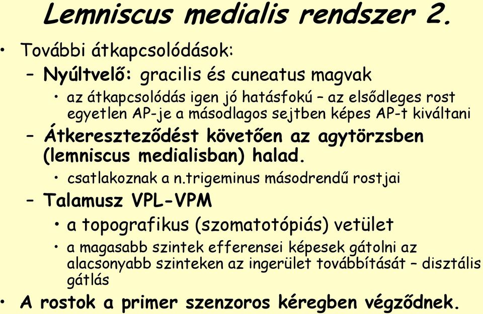 másodlagos sejtben képes AP-t kiváltani Átkereszteződést követően az agytörzsben (lemniscus medialisban) halad. csatlakoznak a n.