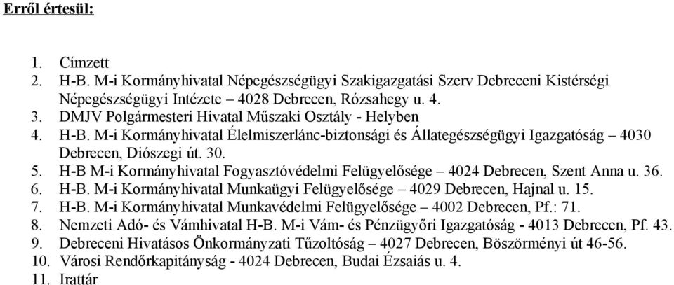 H-B M-i Kormányhivatal Fogyasztóvédelmi Felügyelősége 4024 Debrecen, Szent Anna u. 36. 6. H-B. M-i Kormányhivatal Munkaügyi Felügyelősége 4029 Debrecen, Hajnal u. 15. 7. H-B. M-i Kormányhivatal Munkavédelmi Felügyelősége 4002 Debrecen, Pf.