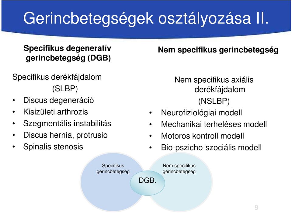 Szegmentális instabilitás Discus hernia, protrusio Spinalis stenosis Nem specifikus gerincbetegség Nem specifikus