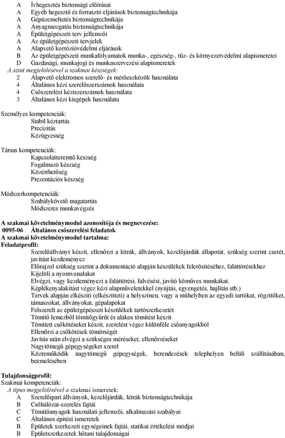 munkaszervezési alapismeretek A szint megjelölésével a szakmai készségek: 2 Alapvető elektromos szerelő- és mérőeszközök használata 4 Általános kézi szerelőszerszámok használata 4 Csőszerelési