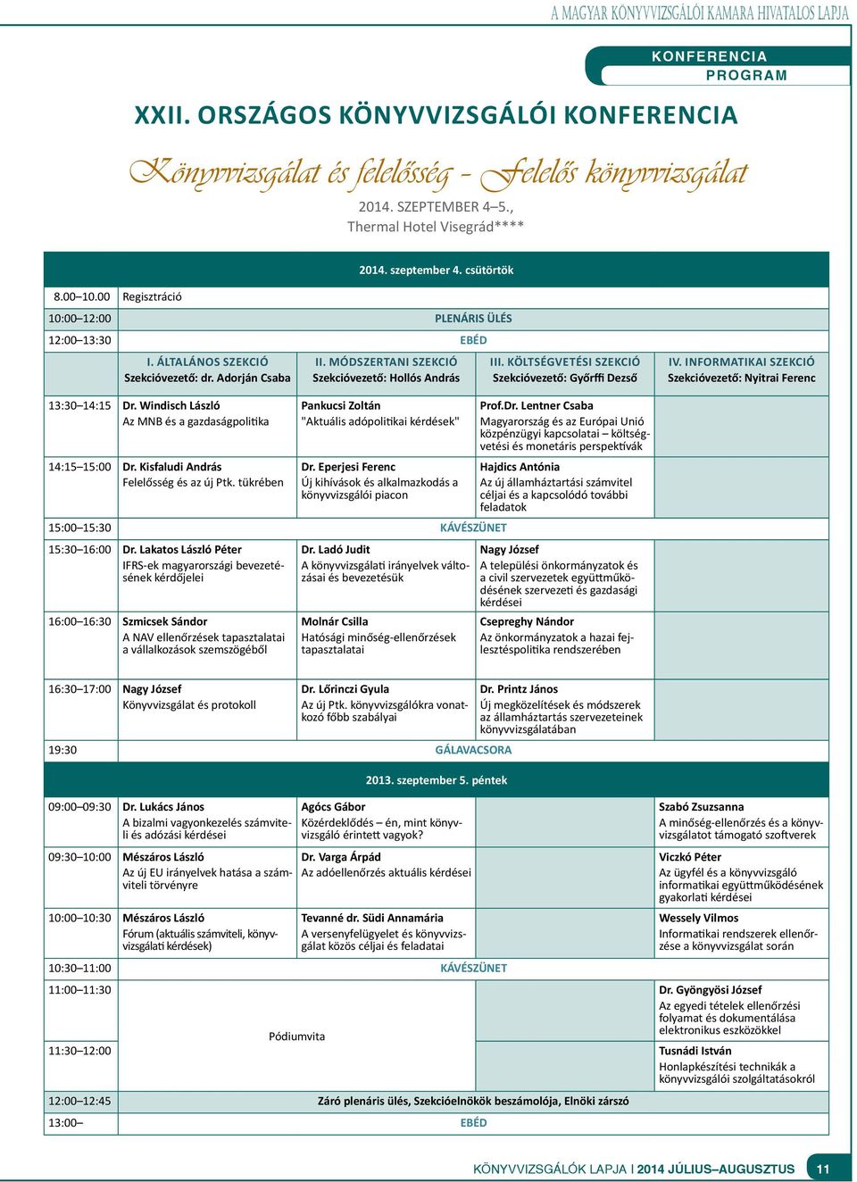 MÓDSZERTANI Szekció Szekcióvezető: Hollós András III. KÖLTSÉGVETÉSI Szekció Szekcióvezető: Győrffi Dezső IV. INFORMATIKAI Szekció Szekcióvezető: Nyitrai Ferenc 13:30 14:15 Dr.