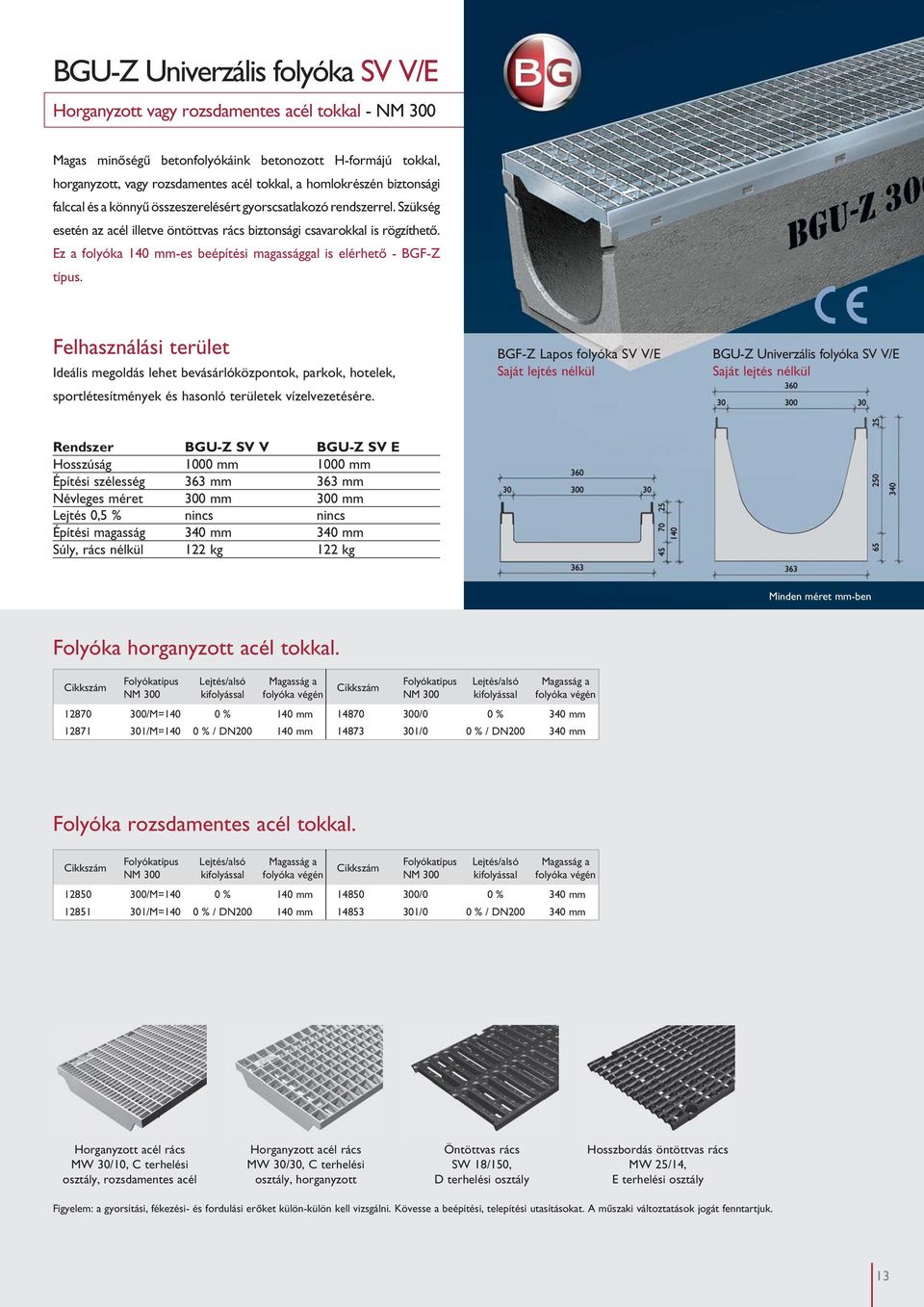 Ez a folyóka 140 mm-es beépítési magassággal is elérhető - BGF-Z típus. Ideális megoldás lehet bevásárlóközpontok, parkok, hotelek, sportlétesítmények és hasonló területek vízelvezetésére.