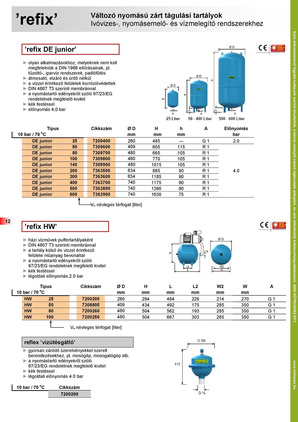 rendeletnek megfelelő kivitel kék festéssel előnyomás 4,0 bar Típus Ø D H h A Előnyomás 10 bar / 70 o C mm mm mm bar DE junior 25. 7200400 280 485 --- G 1 2.0 DE junior 50.