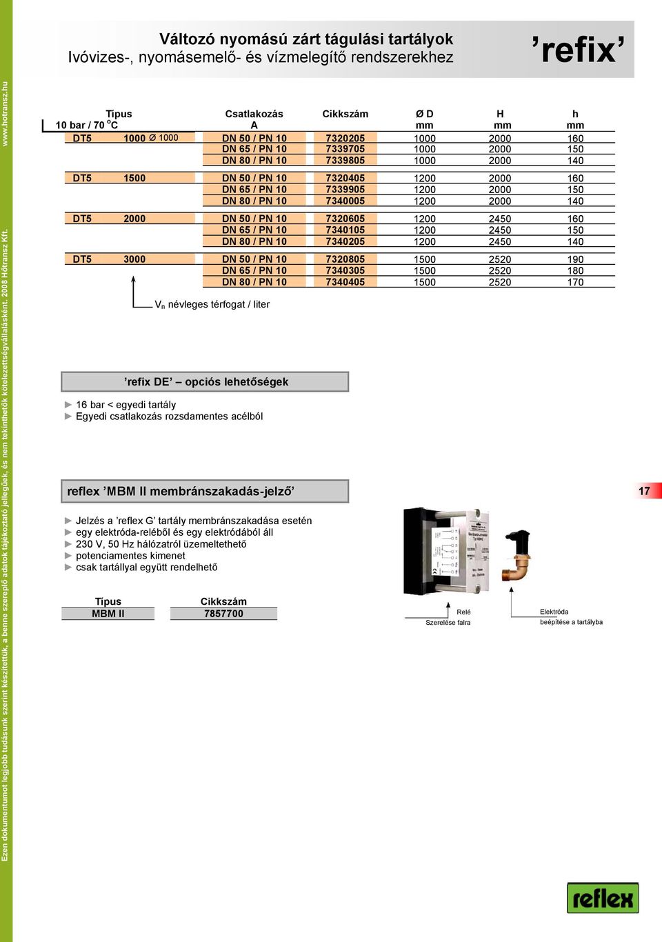 hu Típus Csatlakozás Ø D H h 10 bar / 70 o C A mm mm mm DT5 1000 Ø 1000 DN 50 / PN 10 7320205 1000 2000 160 DN 65 / PN 10 7339705 1000 2000 150 DN 80 / PN 10 7339805 1000 2000 140 DT5 1500 DN 50 / PN