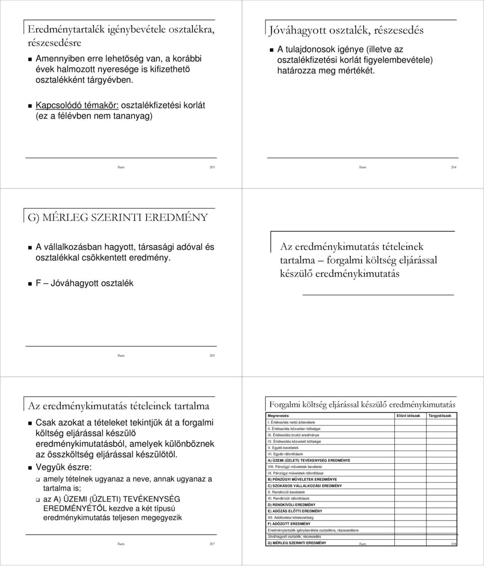 Kapcsolódó témakör: osztalékfizetési korlát (ez a félévben nem tananyag) Barts 203 Barts 204 G) MÉRLEG SZERINTI EREDMÉNY A vállalkozásban hagyott, társasági adóval és osztalékkal csökkentett eredmény.