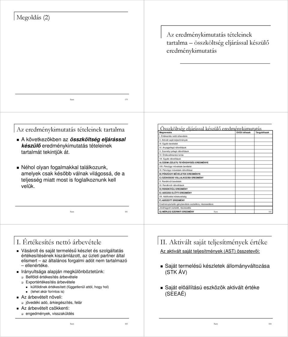 Barts 181 Összköltség eljárással készülő eredménykimutatás Előző időszak II. Aktivált saját teljesítmények VII. Egyéb ráfordítások VIII. Pénzügyi műveletek bevételei IX.