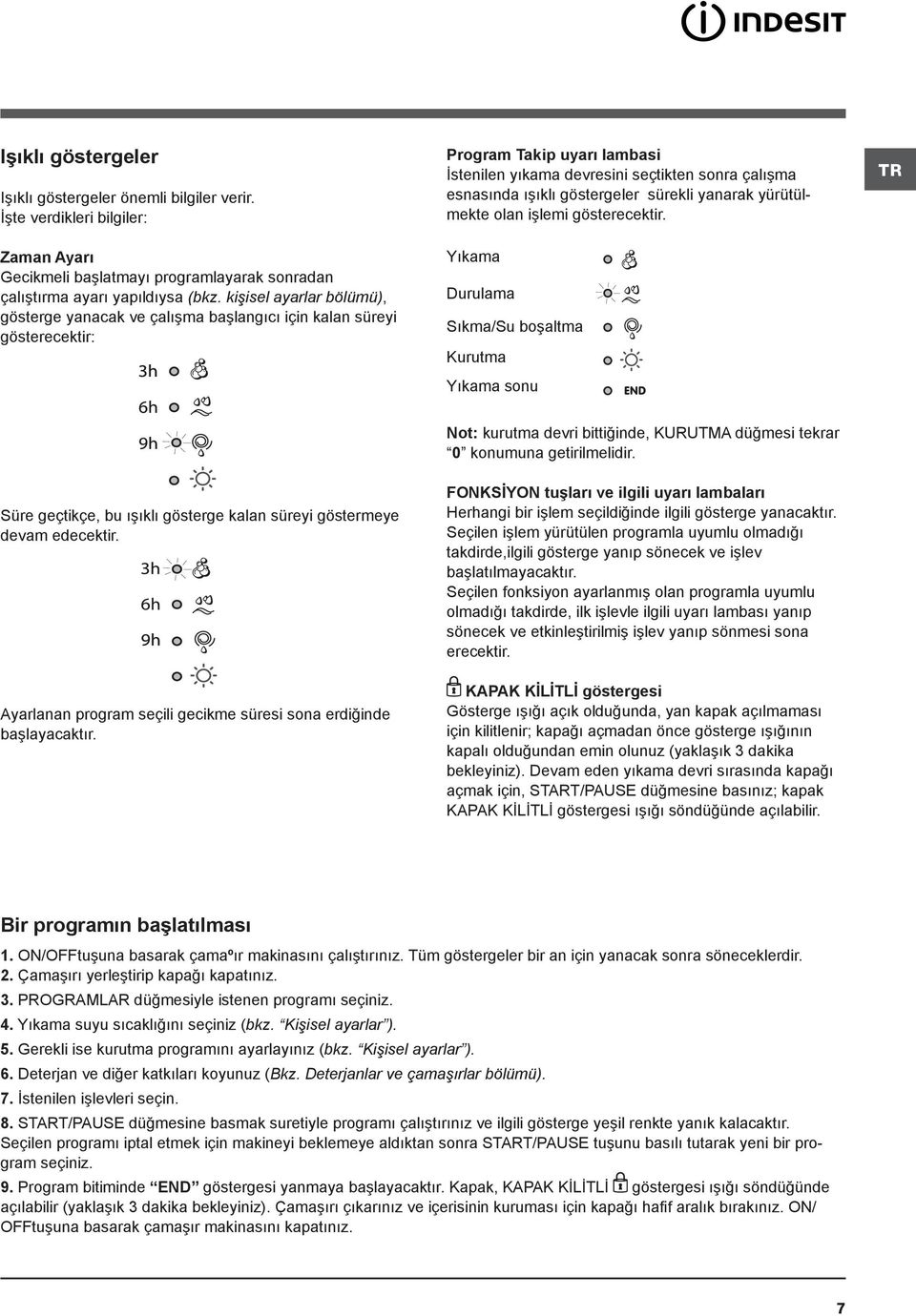 göstergeler sürekli yanarak yürütülmekte olan işlemi gösterecektir. Yıkama Durulama Sıkma/Su boşaltma Kurutma Yıkama sonu Süre geçtikçe, bu ışıklı gösterge kalan süreyi göstermeye devam edecektir.