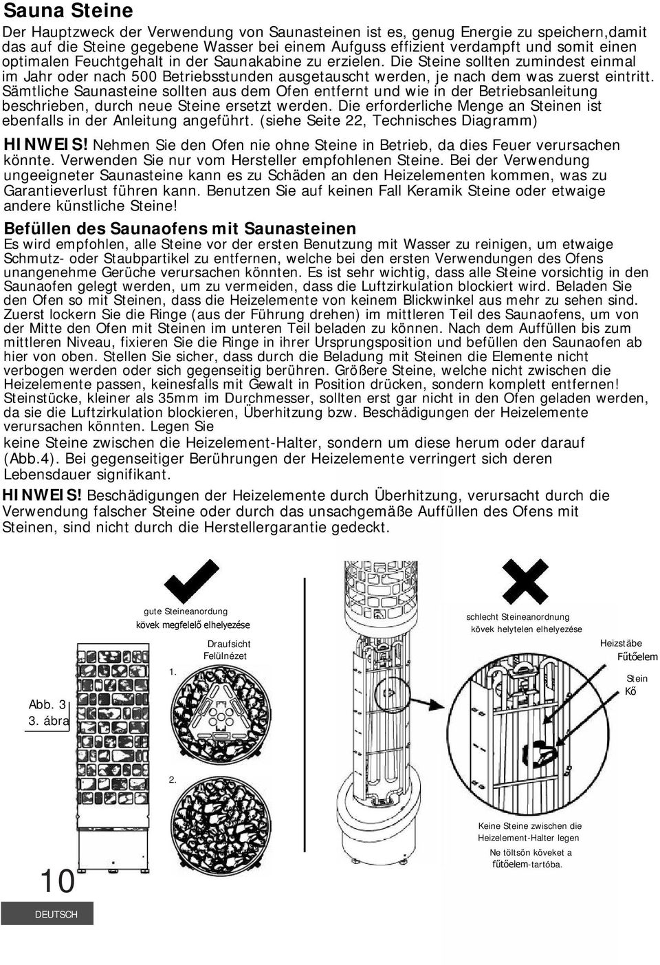 Sämtliche Saunasteine sollten aus dem Ofen entfernt und wie in der Betriebsanleitung beschrieben, durch neue Steine ersetzt werden.