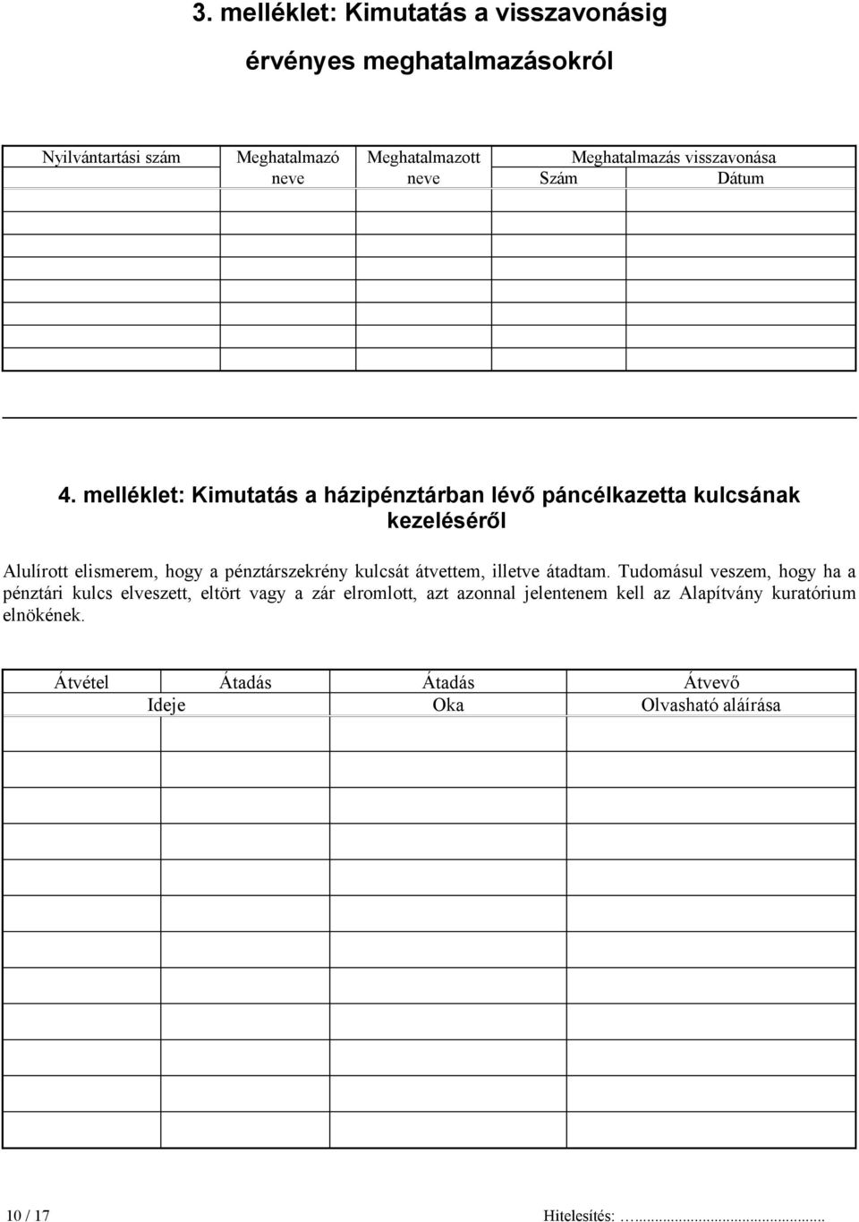 melléklet: Kimutatás a házipénztárban lévő páncélkazetta kulcsának kezeléséről Alulírott elismerem, hogy a pénztárszekrény kulcsát