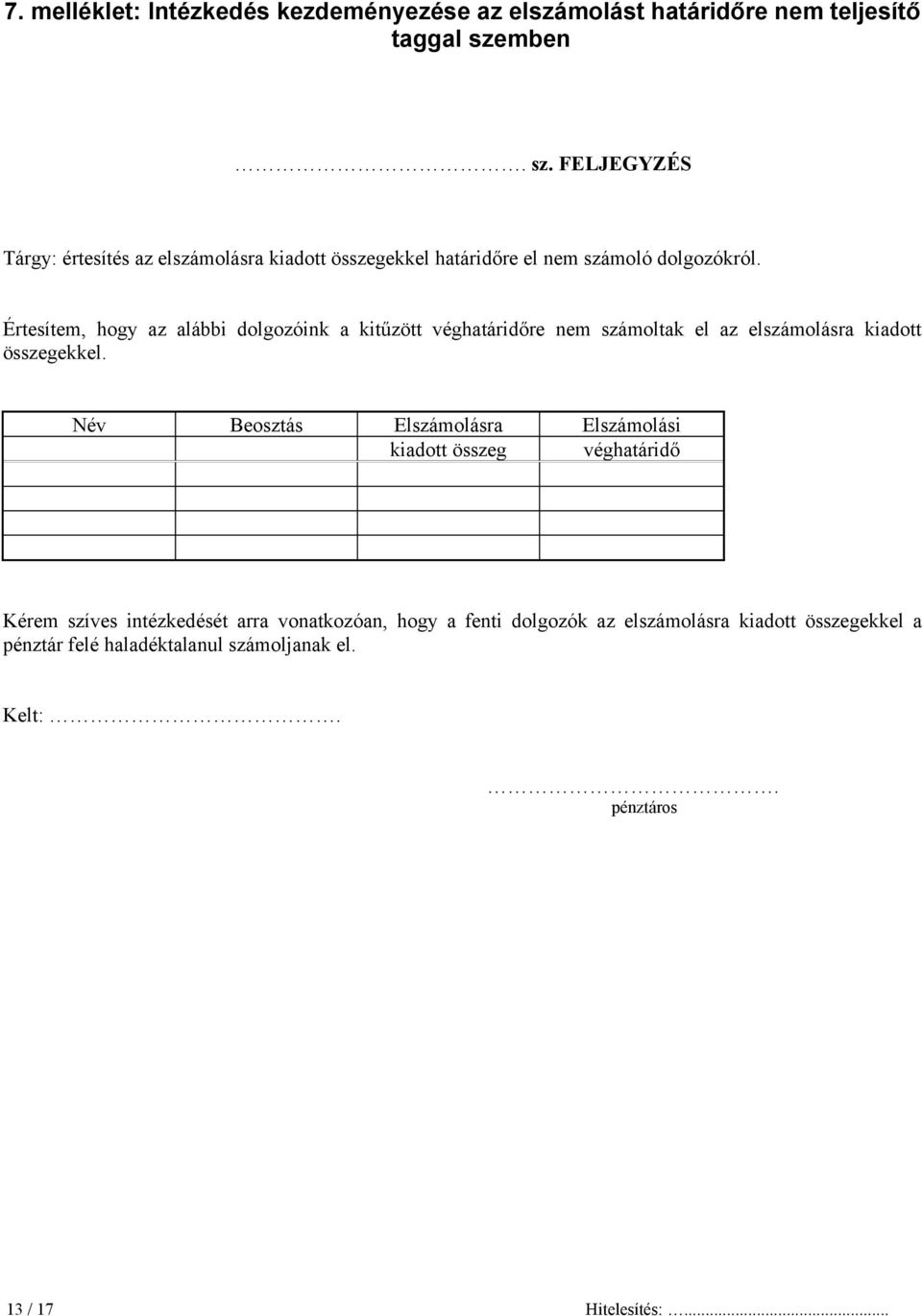 Értesítem, hogy az alábbi dolgozóink a kitűzött véghatáridőre nem számoltak el az elszámolásra kiadott összegekkel.