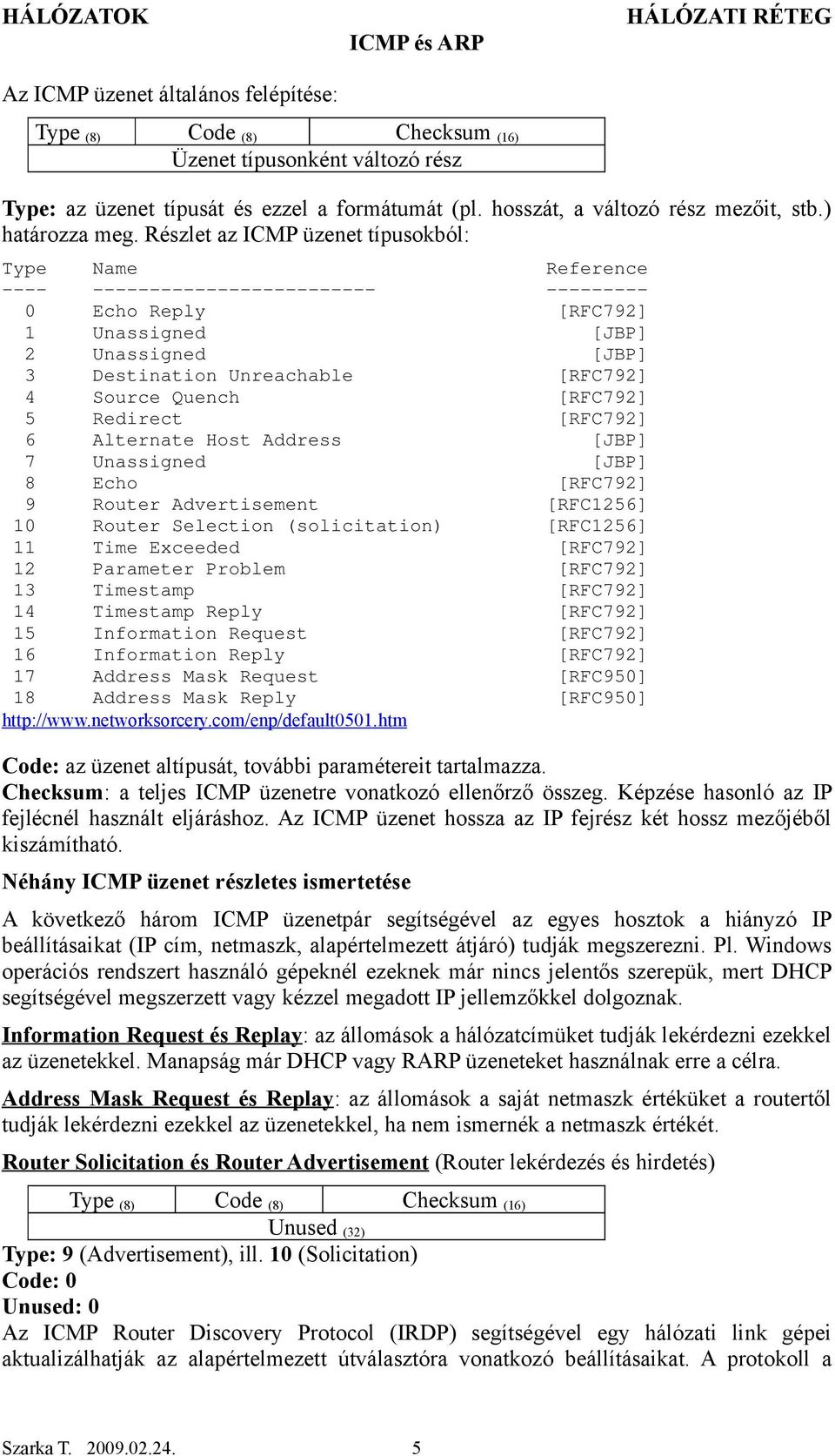 Quench [RFC792] 5 Redirect [RFC792] 6 Alternate Host Address [JBP] 7 Unassigned [JBP] 8 Echo [RFC792] 9 Router Advertisement [RFC1256] 10 Router Selection (solicitation) [RFC1256] 11 Time Exceeded