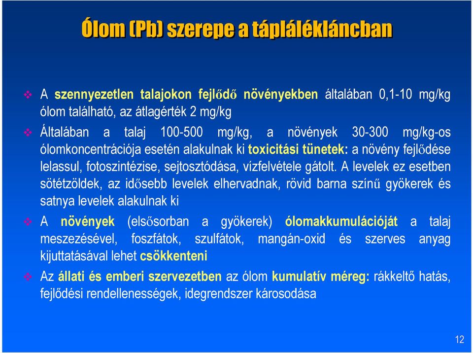 A levelek ez esetben sötétzöldek, az idősebb levelek elhervadnak, rövid barna színű gyökerek és satnya levelek alakulnak ki A növények (elsősorban a gyökerek) ólomakkumulációját a talaj