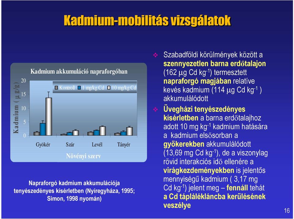 relatíve kevés kadmium (114 µg Cd kg -1 ) akkumulálódott Üvegházi tenyészedényes kísérletben a barna erdőtalajhoz adott 10 mg kg -1 kadmium hatására a kadmium elsősorban a gyökerekben akkumulálódott