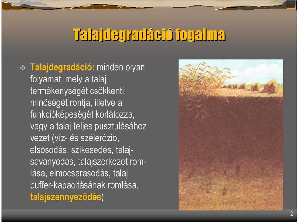 talaj teljes pusztulásához vezet (víz- és szélerózió, elsósodás, szikesedés,
