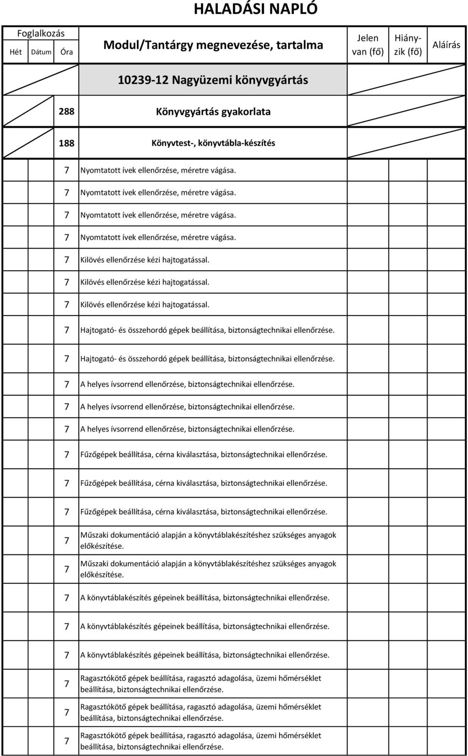 Hajtogató- és összehordó gépek beállítása, biztonságtechnikai ellenőrzése. A helyes ívsorrend ellenőrzése, biztonságtechnikai ellenőrzése.