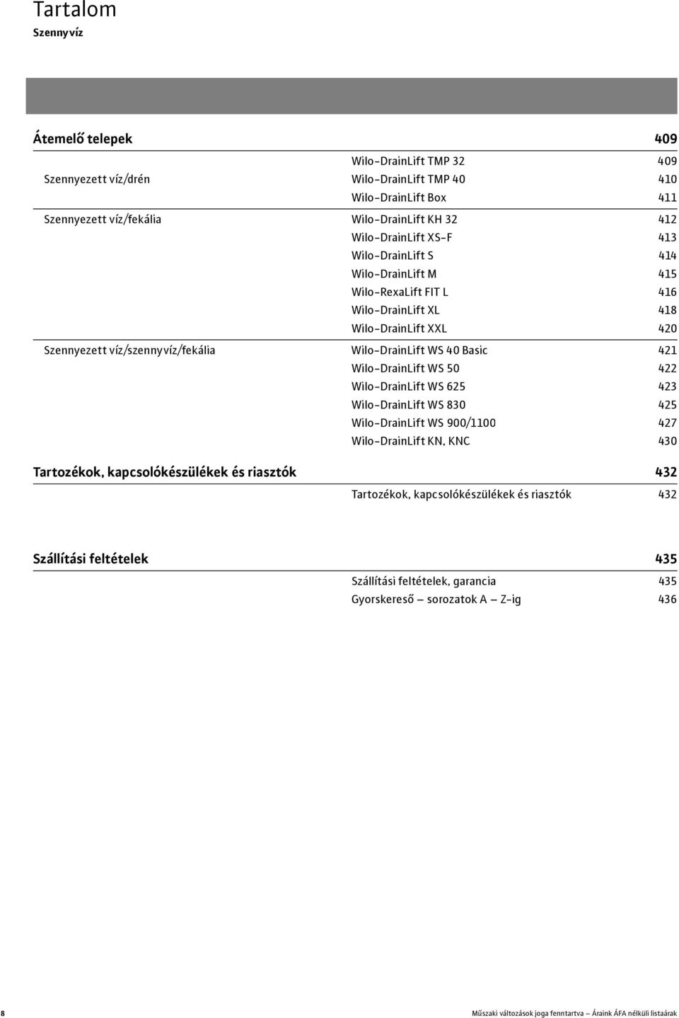 Basic 421 Wilo-DrainLift WS 50 422 Wilo-DrainLift WS 625 423 Wilo-DrainLift WS 830 425 Wilo-DrainLift WS 900/1100 427 Wilo-DrainLift KN, KNC 430 Tartozékok, kapcsolókészülékek és riasztók 432