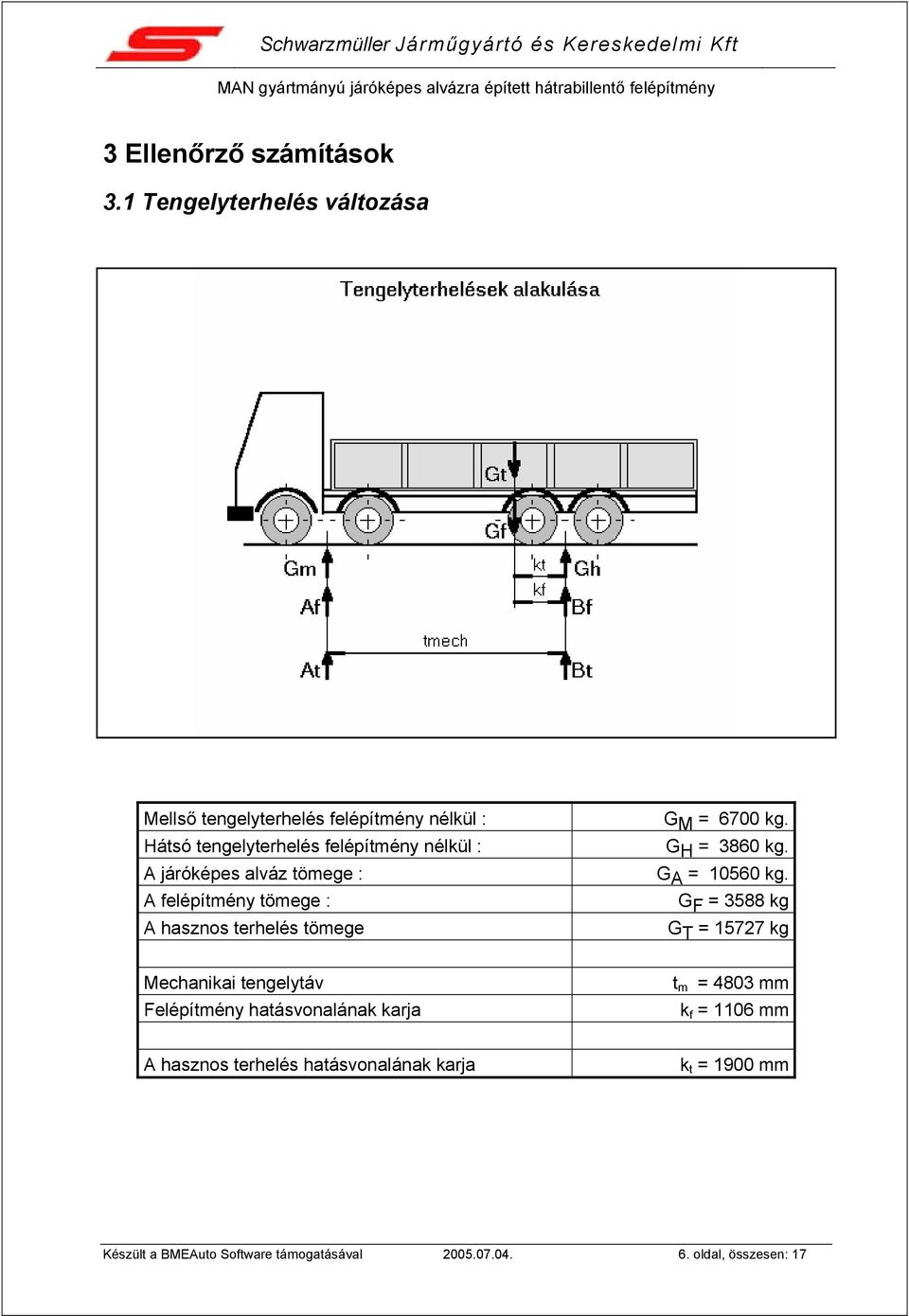 járóképes alváz tömege : A felépítmény tömege : A hasznos terhelés tömege G M = 6700 kg. G H = 3860 kg. G A = 10560 kg.