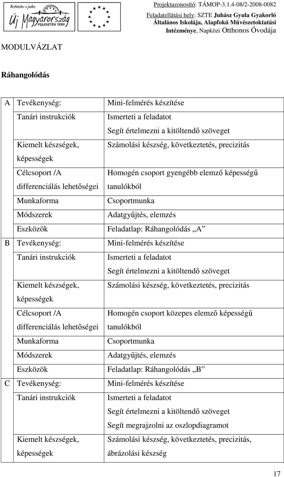 Ráhangolódás A B Tevékenység: Mini-felmérés készítése Tanári instrukciók Ismerteti a feladatot Segít értelmezni a kitöltendő szöveget Kiemelt készségek, Számolási készség, következtetés, precizitás