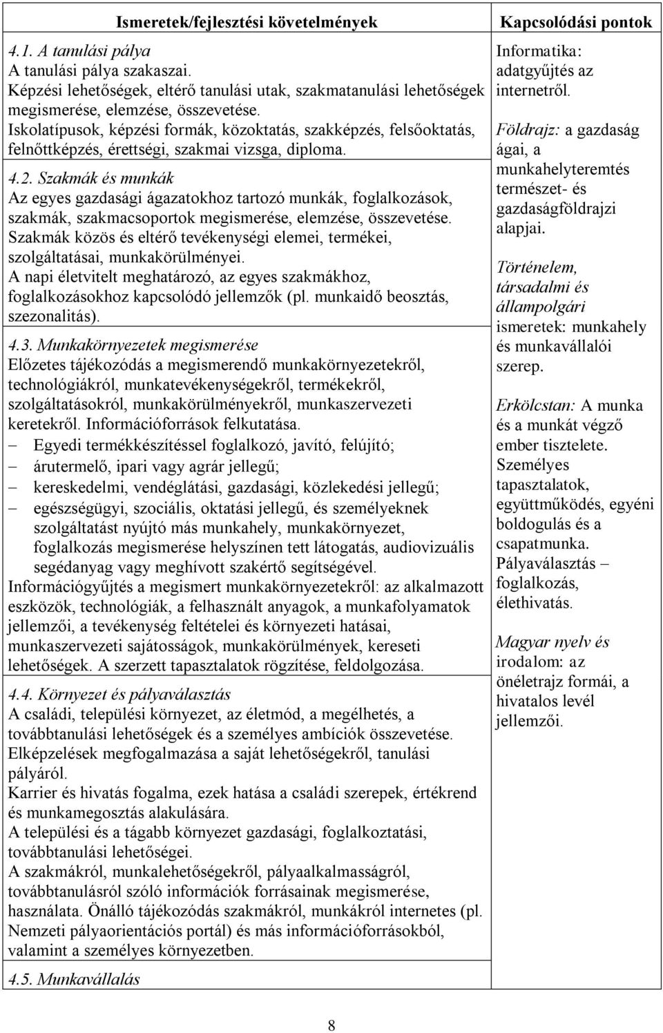 Szakmák és munkák Az egyes gazdasági ágazatokhoz tartozó munkák, foglalkozások, szakmák, szakmacsoportok megismerése, elemzése, összevetése.