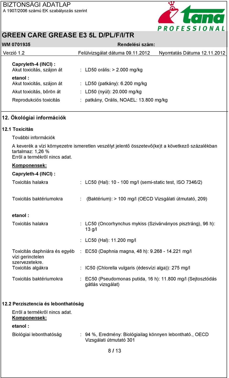 1 Toxicitás További információk A keverék a vízi környezetre ismeretlen veszélyt jelentő összetevő(ke)t a következő százalékban tartalmaz: 1,26 % Komponensek: Capryleth-4 (INCI) : Toxicitás halakra :