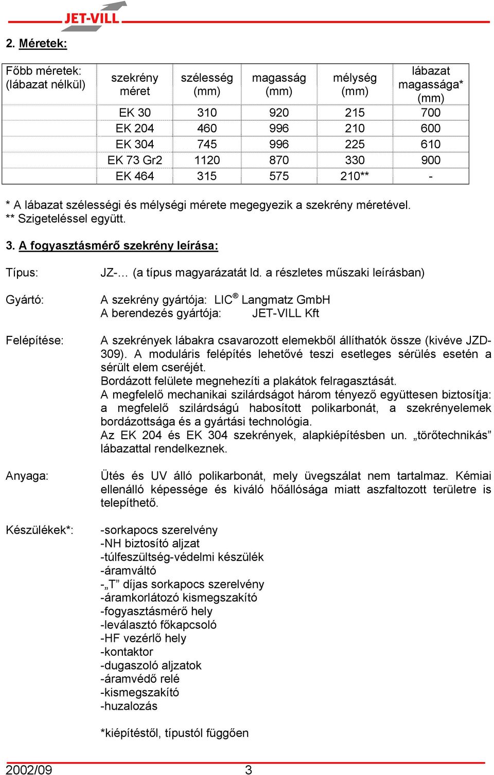 a részletes műszaki leírásban) A szekrény gyártója: LIC Langmatz GmbH A berendezés gyártója: JET-VILL ft A lábakra csavarozott elemekből állíthatók össze (kivéve JZD- 309).